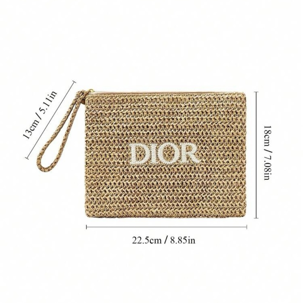 New ~ Dior Beige Woven Straw Cosmetic Bag/Wristlet - Picture 3 of 4